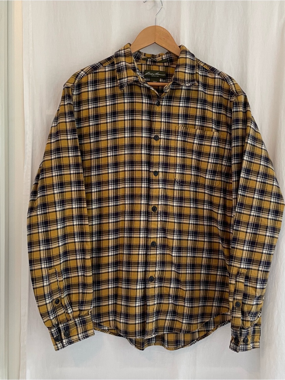 Eddie Bauer Yellow and Navy Plaid Flannel Casual Button-Down Shirt